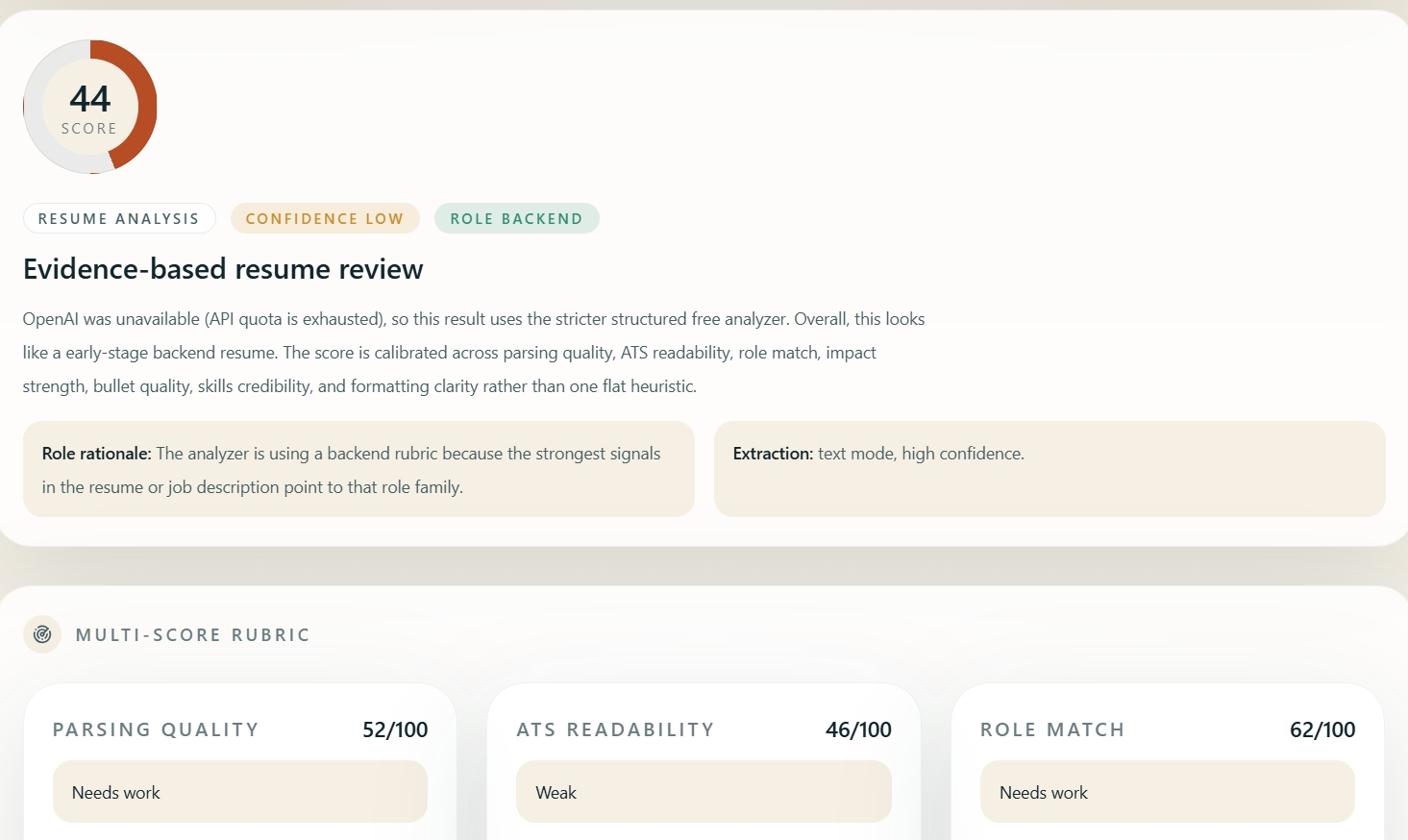 Screenshot of Resume Analyzer results page